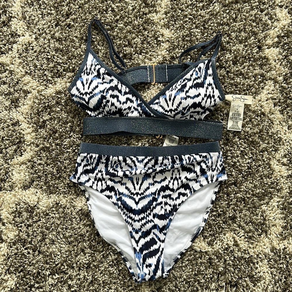 Jessica Simpson Blue Zebra Print Two Piece Swimsuit with Cutouts Size S